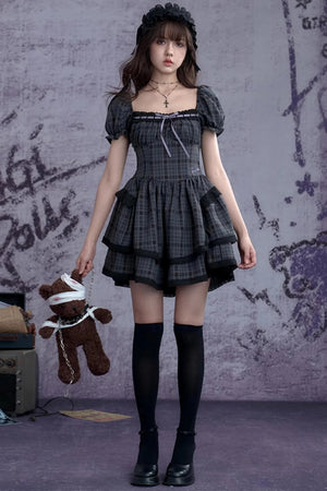 Plaid Bubble Sleeve Cake Dress