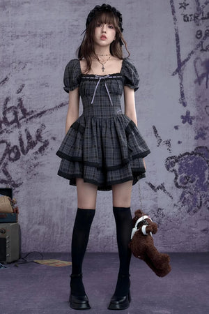 Plaid Bubble Sleeve Cake Dress
