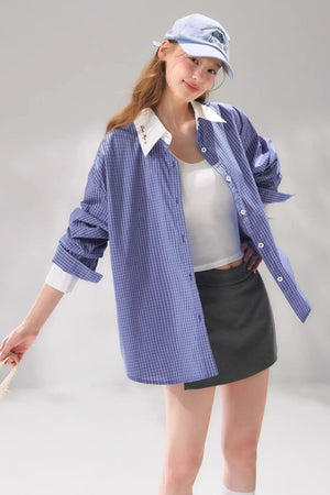 Plaid Color-Blocking Polo Top