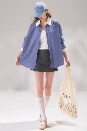 Plaid Color-Blocking Polo Top