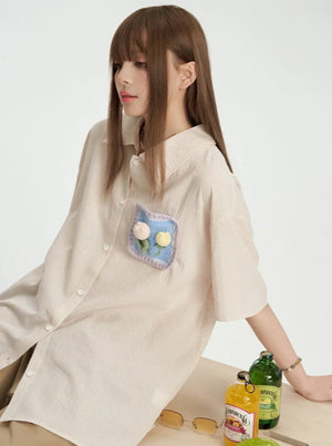Plaid Crochet Pocket Short-Sleeved Shirt