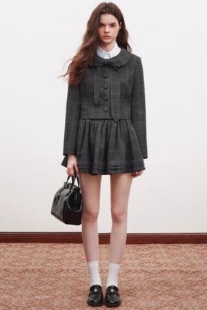 Plaid Doll Collar Blazer Skirt Set-Up