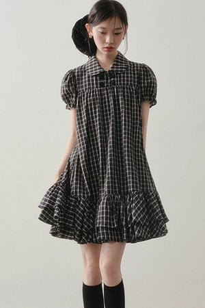 Plaid Doll Collar Puff Sleeve Ruffle Dress