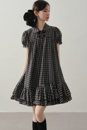 Plaid Doll Collar Puff Sleeve Ruffle Dress