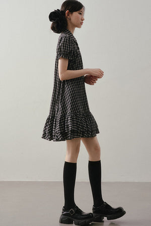 Plaid Doll Collar Puff Sleeve Ruffle Dress