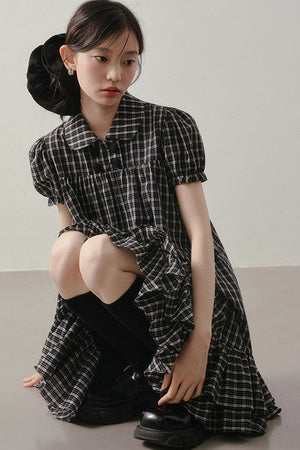 Plaid Doll Collar Puff Sleeve Ruffle Dress