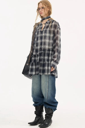 Plaid Drop Shoulder Ruffle Blouse