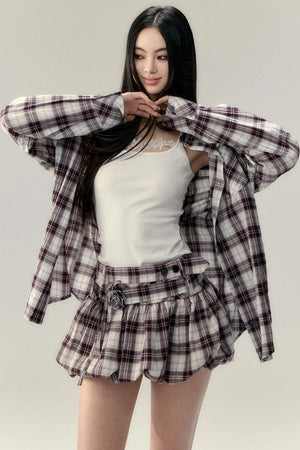 Plaid Fluffy Skirt & Shirt Set-Up