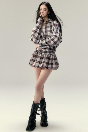 Plaid Fluffy Skirt & Shirt Set-Up