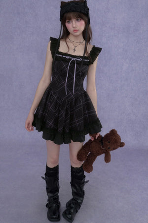 Plaid Flutter Sleeve Dress Set