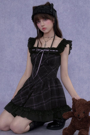 Plaid Flutter Sleeve Dress Set