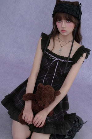 Plaid Flutter Sleeve Dress Set