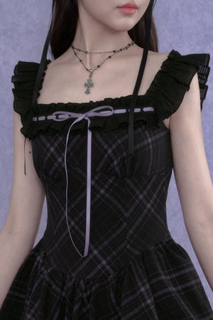 Plaid Flutter Sleeve Dress Set