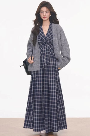 Plaid Halter Dress & Knitted Cardigan Set-Up