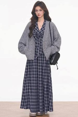 Plaid Halter Dress & Knitted Cardigan Set-Up