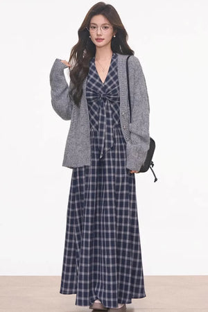 Plaid Halter Dress & Knitted Cardigan Set-Up