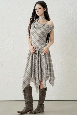 Plaid Irregular-Hem Dress