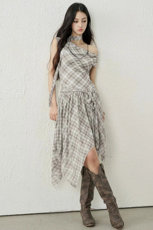 Plaid Irregular-Hem Dress