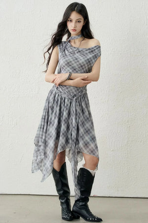 Plaid Irregular-Hem Dress