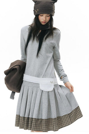 Plaid Knit Pleated Dress