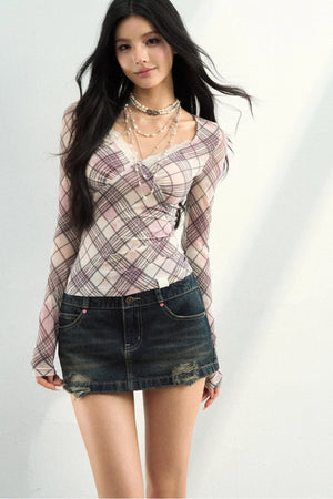Plaid Lace-Trimmed Blouse