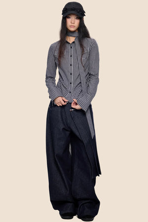 Plaid Lace-Up Bow Blouse