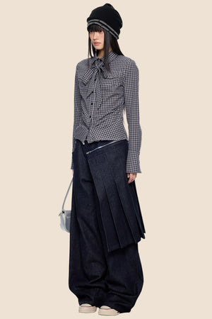 Plaid Lace-Up Bow Blouse