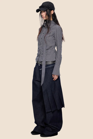 Plaid Lace-Up Bow Blouse