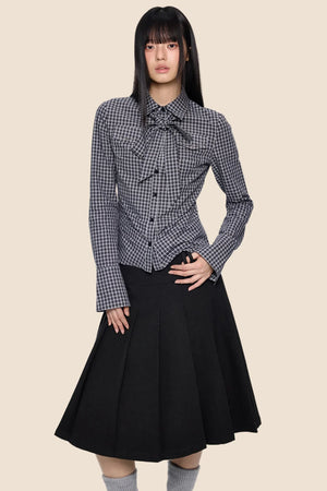 Plaid Lace-Up Bow Blouse