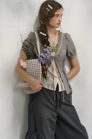 Plaid Lace Vintage Blouse