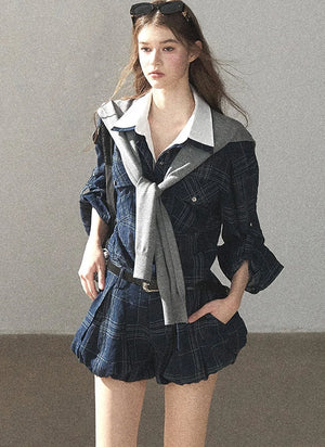 Plaid Layered-Look Shirt And Shorts Set-Up