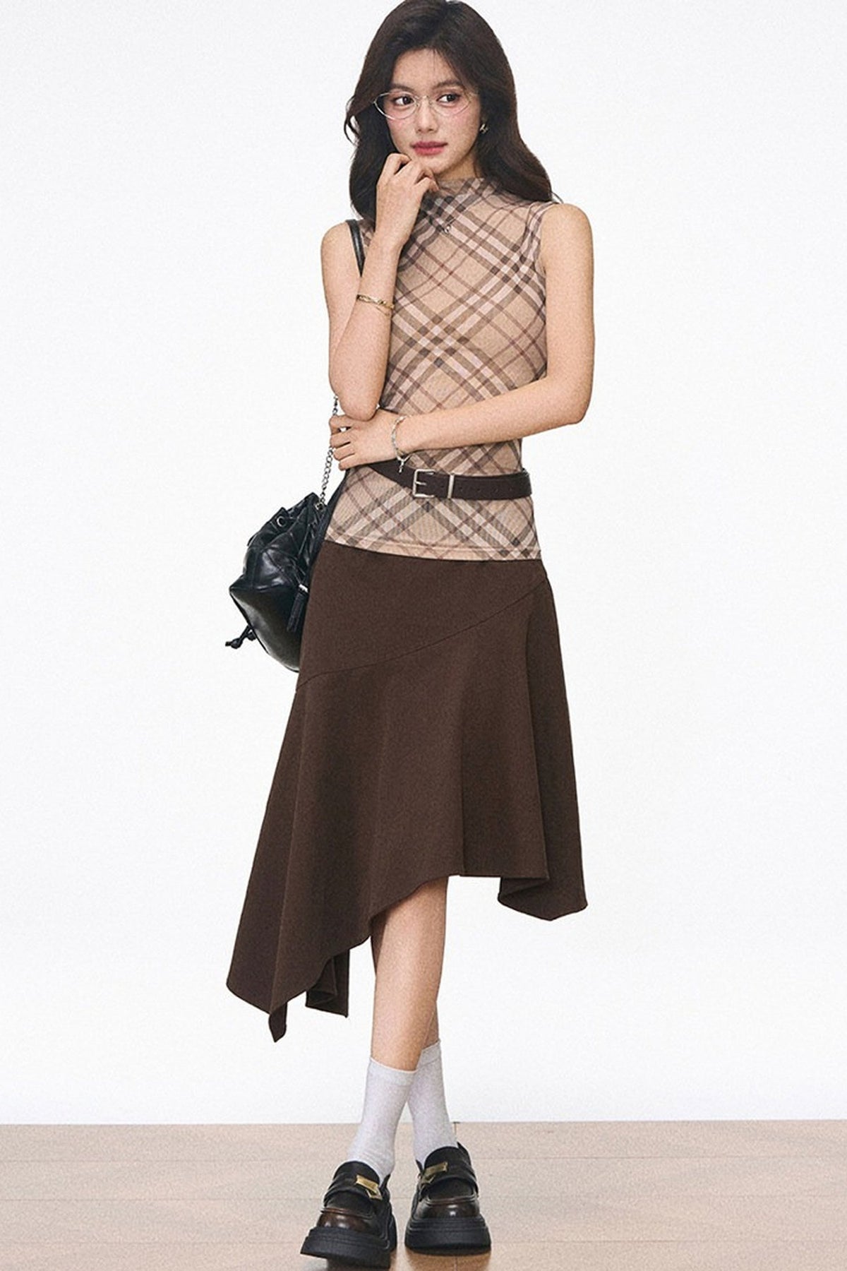 Plaid Mesh Vest and Midi Skirt Set-Up