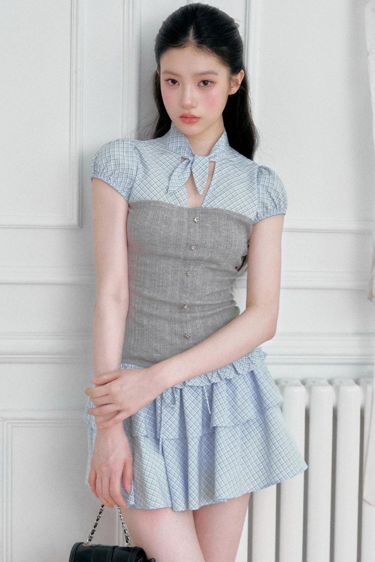 Plaid Patchwork Blouse and Skirt Set-Up