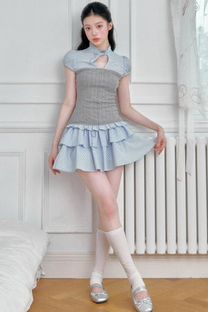 Plaid Patchwork Blouse and Skirt Set-Up