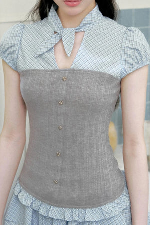 Plaid Patchwork Blouse and Skirt Set-Up
