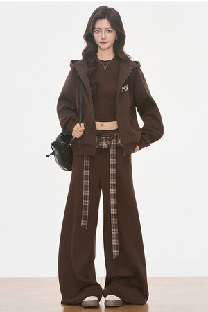 Plaid Patchwork Hooded Sweatshirt and Sweatpants Set-Up