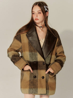 Plaid Patchwork Leather Varsity Coat