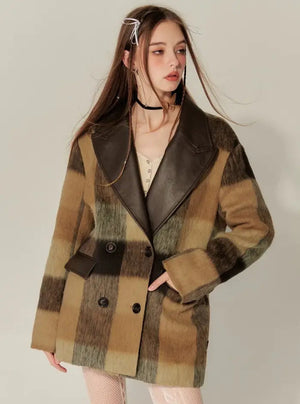 Plaid Patchwork Leather Varsity Coat
