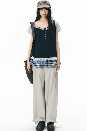 Plaid Patchwork Short-Sleeved Knit Top