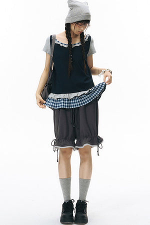 Plaid Patchwork Short-Sleeved Knit Top