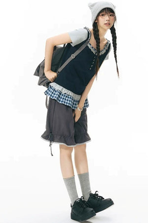 Plaid Patchwork Short-Sleeved Knit Top
