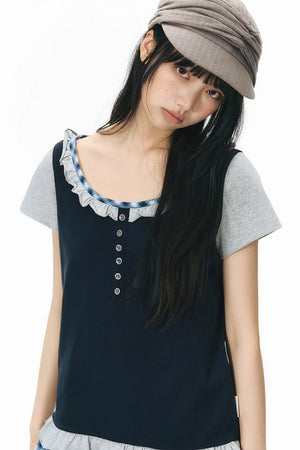 Plaid Patchwork Short-Sleeved Knit Top