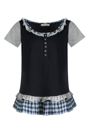 Plaid Patchwork Short-Sleeved Knit Top