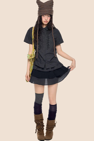 Plaid Pleated Blouse and Cake Skirt Set-Up