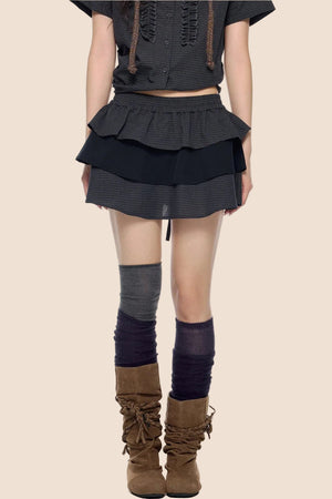 Plaid Pleated Blouse and Cake Skirt Set-Up