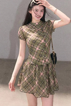 Plaid Puff Sleeve Dress