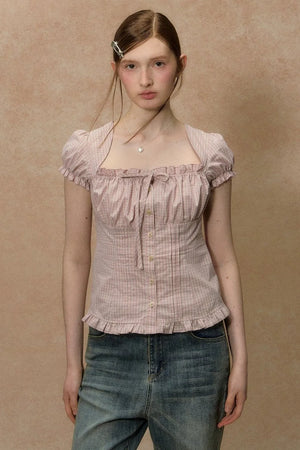 Plaid Puff Sleeve Ruched Top