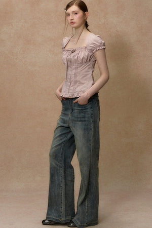 Plaid Puff Sleeve Ruched Top