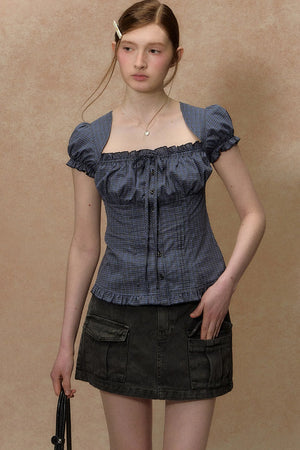 Plaid Puff Sleeve Ruched Top