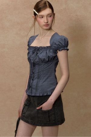 Plaid Puff Sleeve Ruched Top